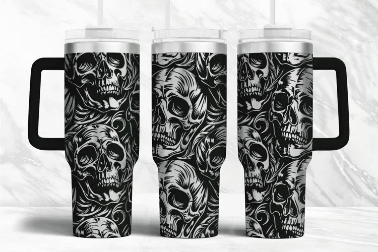 ☠️ 40oz Stanley Styled Skull Tumbler with Handle & Straw Gothic Travel Mug - East Coast Gifts