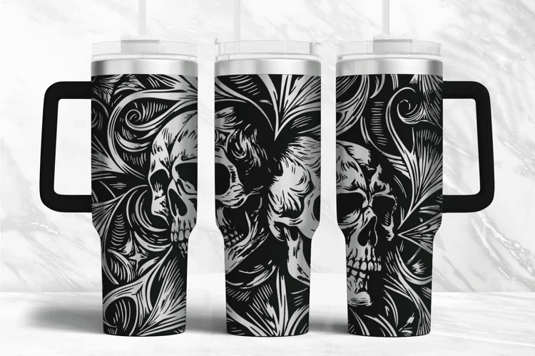 ☠️ 40oz Stanley Styled Skull Tumbler with Handle & Straw Gothic Travel Mug - East Coast Gifts