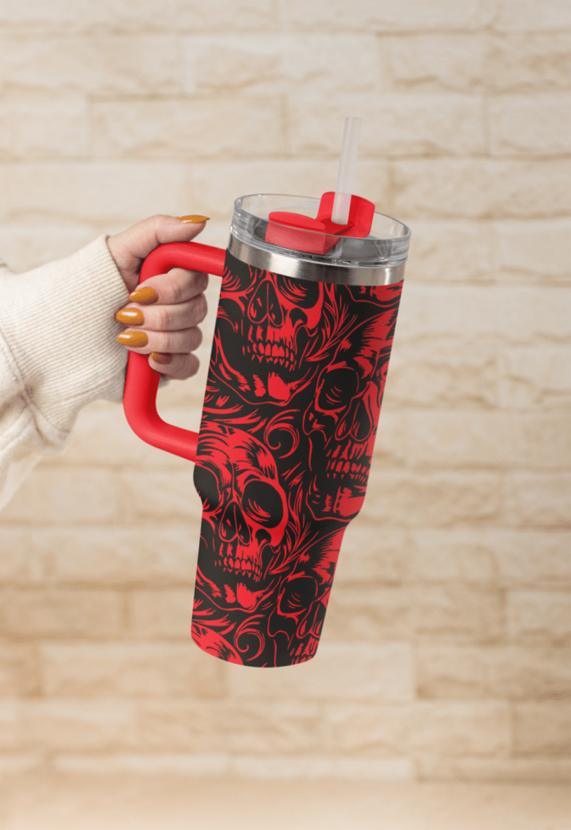 ☠️ 40oz Stanley Styled Skull Tumbler with Handle & Straw Gothic Travel Mug - East Coast Gifts