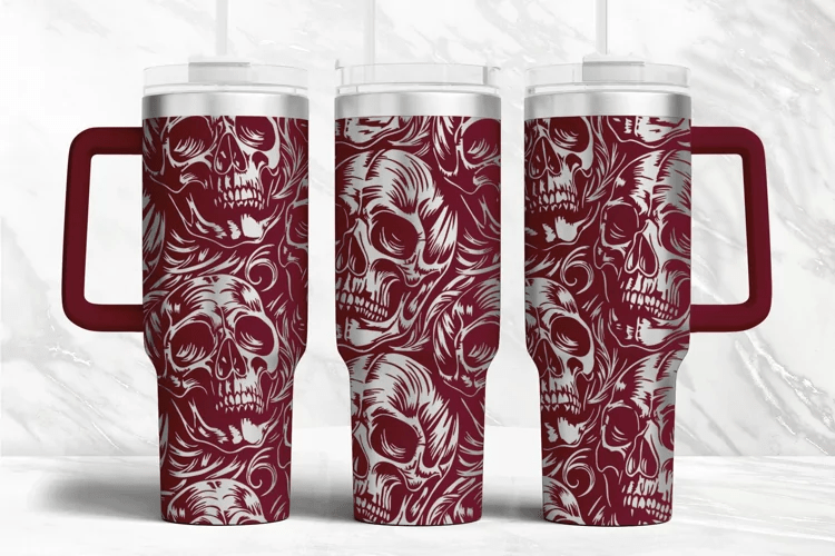 ☠️ 40oz Stanley Styled Skull Tumbler with Handle & Straw Gothic Travel Mug - East Coast Gifts