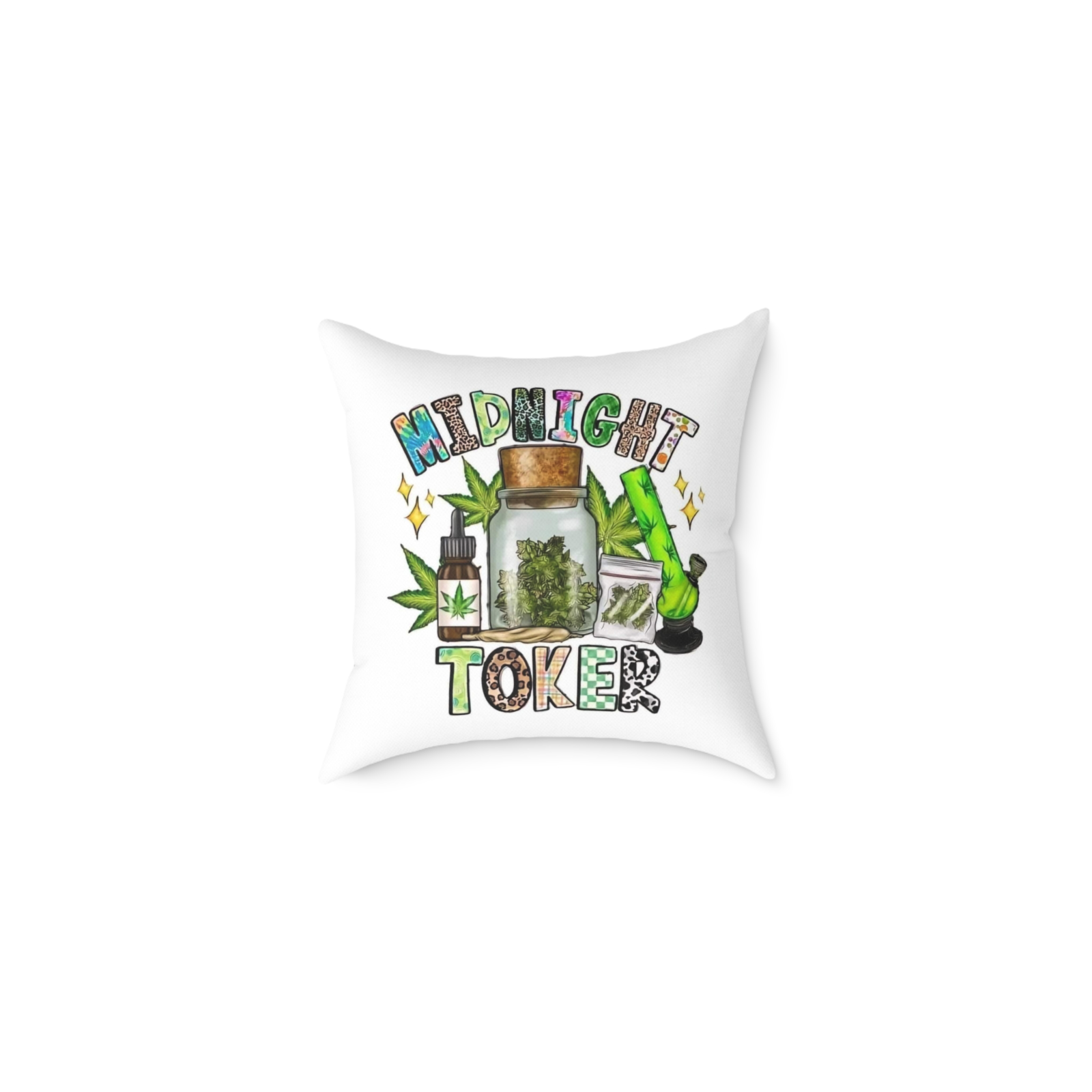 “Bold 420-themed throw pillow with bud jar, bong, and leaf art – 40x40cm”