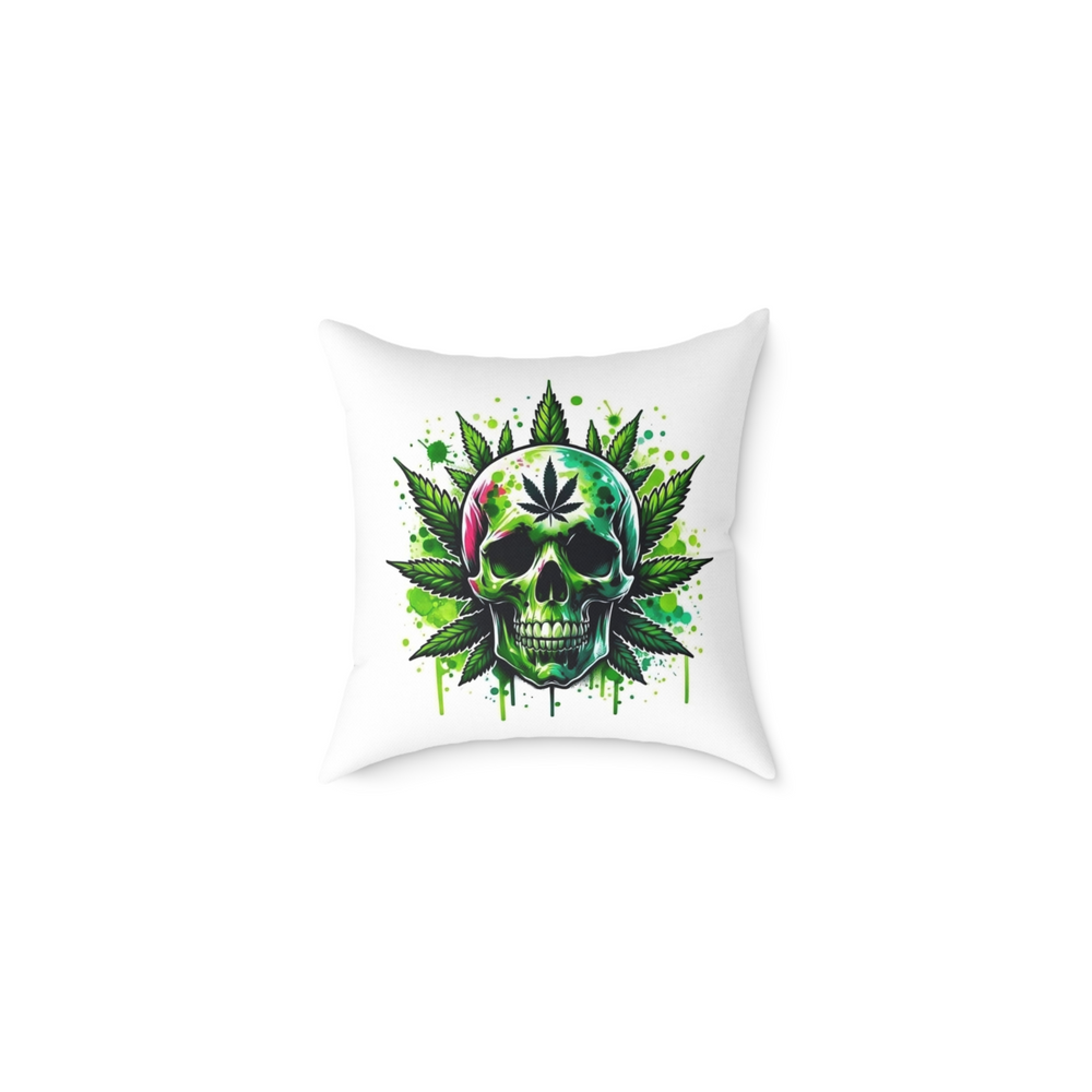 “Gothic cannabis-themed skull cushion – 40x40cm with vibrant green artwork”