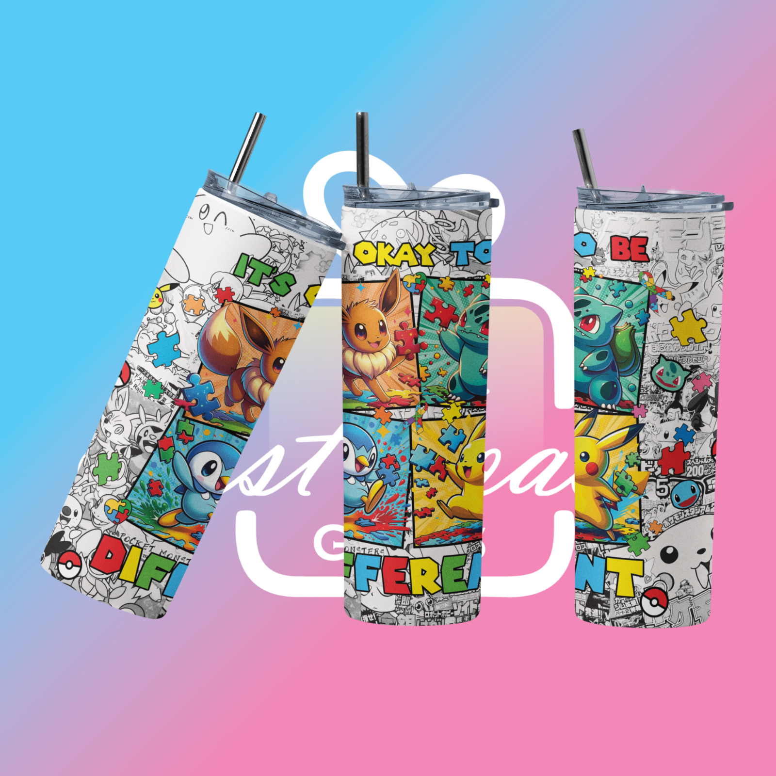 Custom 20oz Anime Tumbler – Pokémon Characters – Stainless Steel Cup w/ Straw