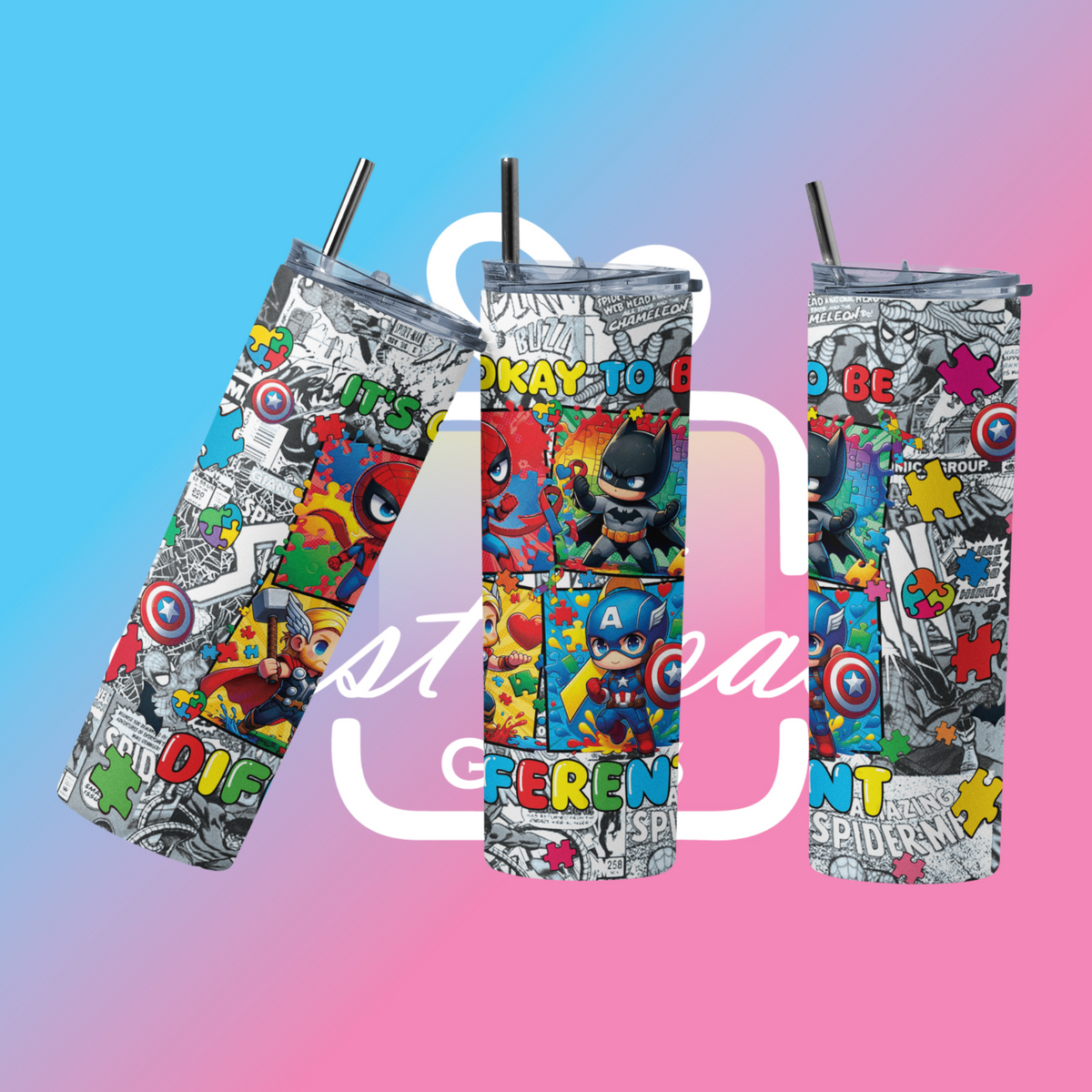 Comic Book Skinny Tumbler – 20oz Stainless Steel Cup with Straw – UK Seller