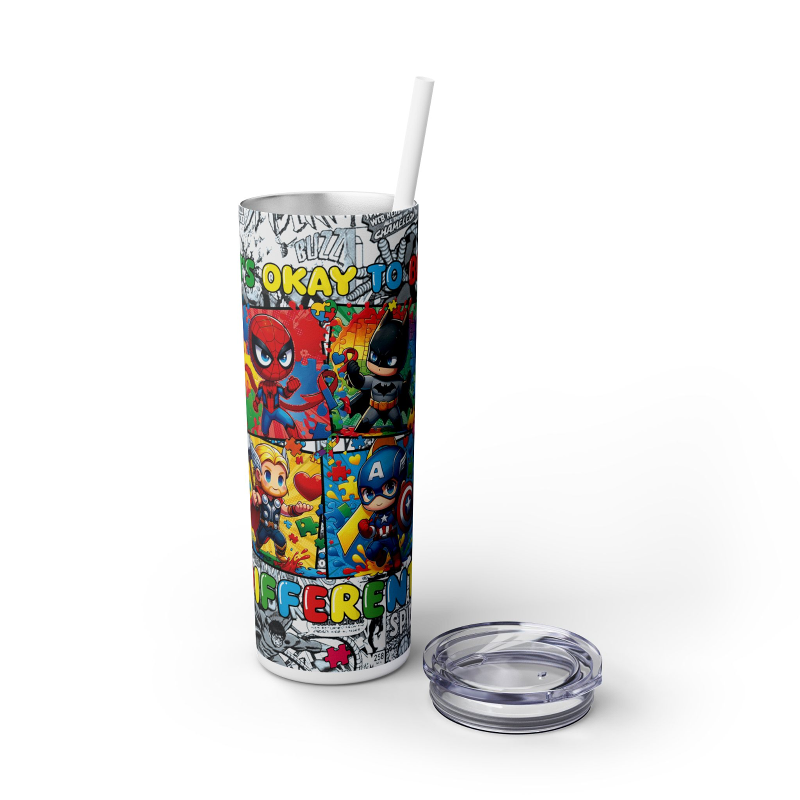 Comic Book Skinny Tumbler – 20oz Stainless Steel Cup with Straw – UK Seller