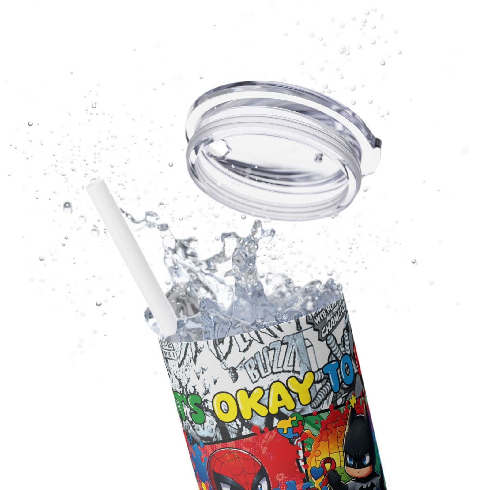 Comic Book Skinny Tumbler – 20oz Stainless Steel Cup with Straw – UK Seller