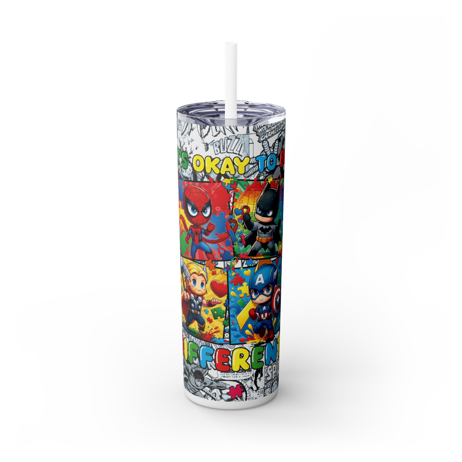 Comic Book Skinny Tumbler – 20oz Stainless Steel Cup with Straw – UK Seller