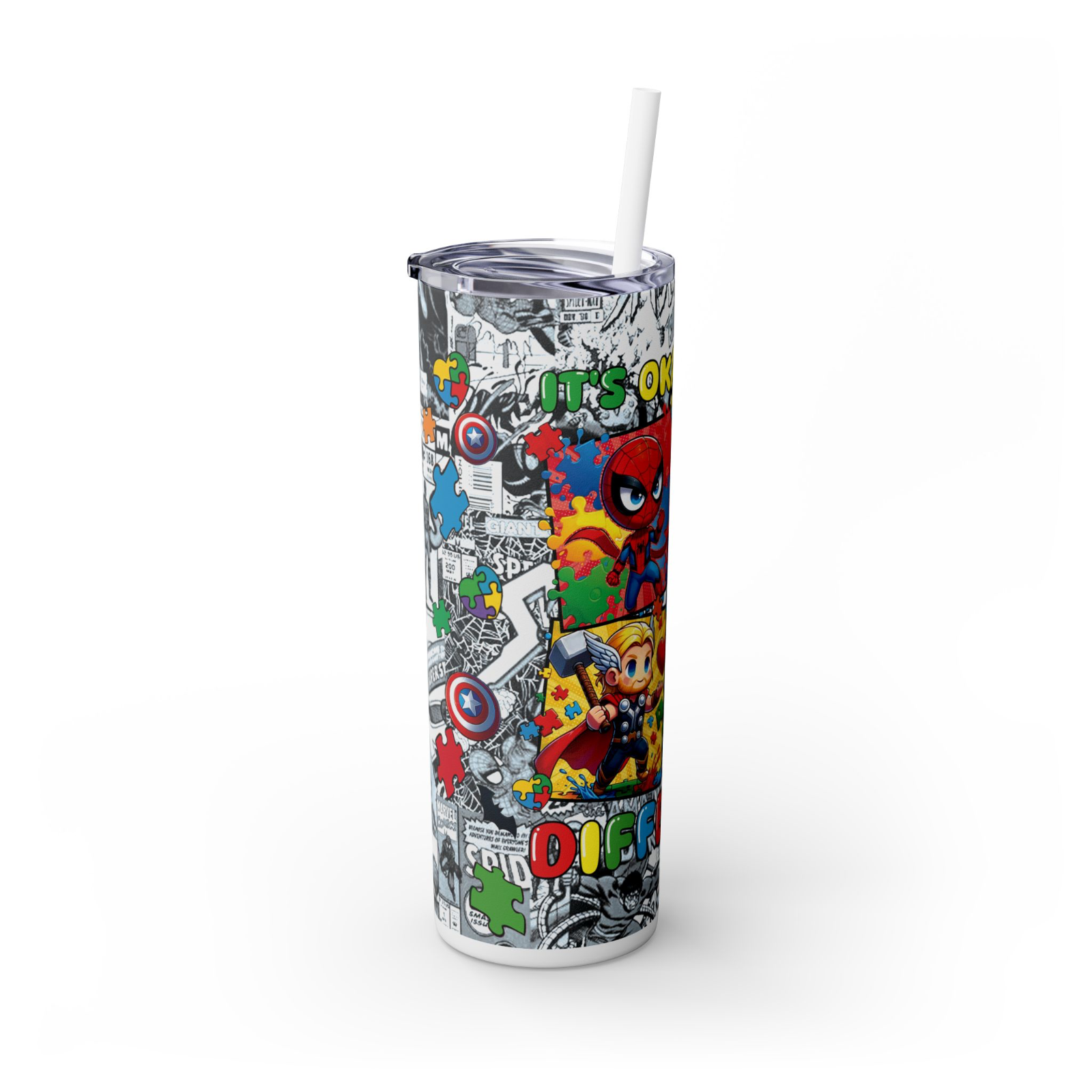 Comic Book Skinny Tumbler – 20oz Stainless Steel Cup with Straw – UK Seller
