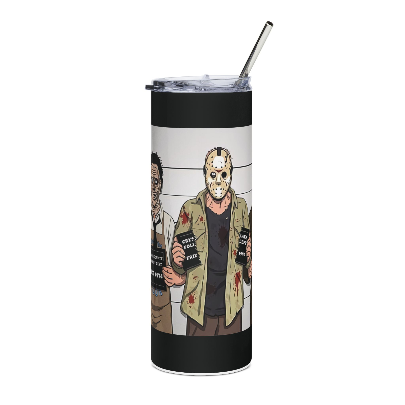 20oz Horror Mugshot Tumbler – “Usual Suspects” Slasher Lineup Cup w/ Straw & Lid