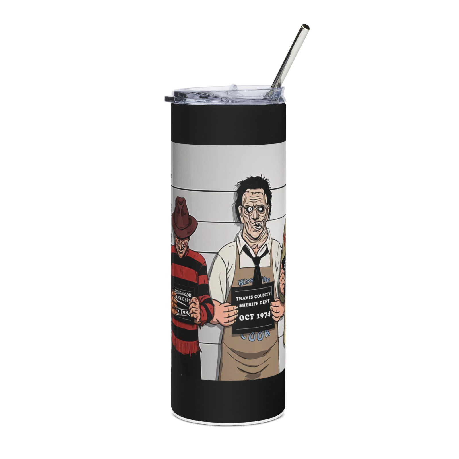 20oz Horror Mugshot Tumbler – “Usual Suspects” Slasher Lineup Cup w/ Straw & Lid