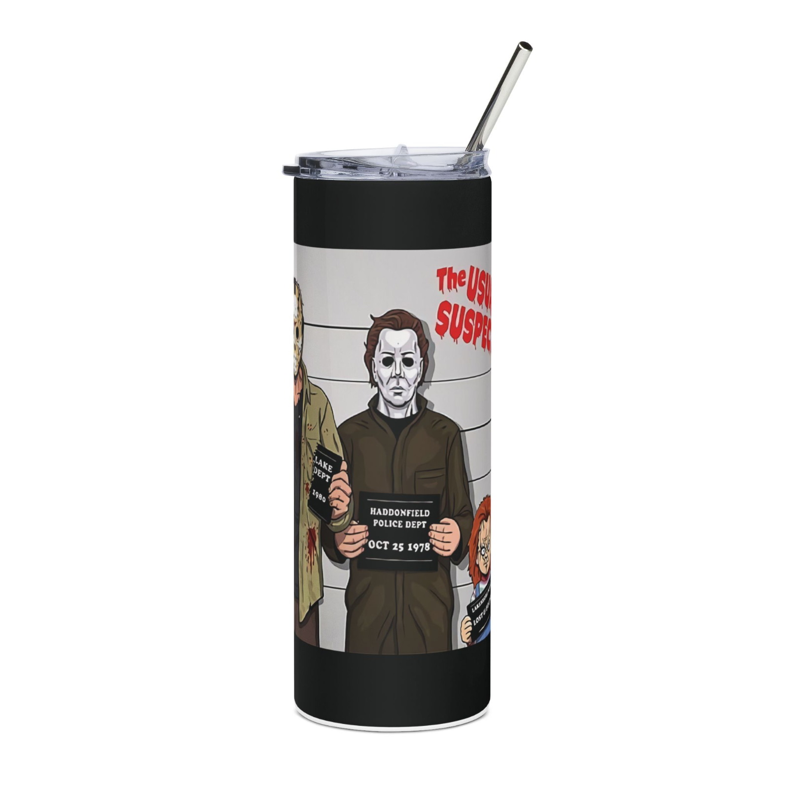 20oz Horror Mugshot Tumbler – “Usual Suspects” Slasher Lineup Cup w/ Straw & Lid