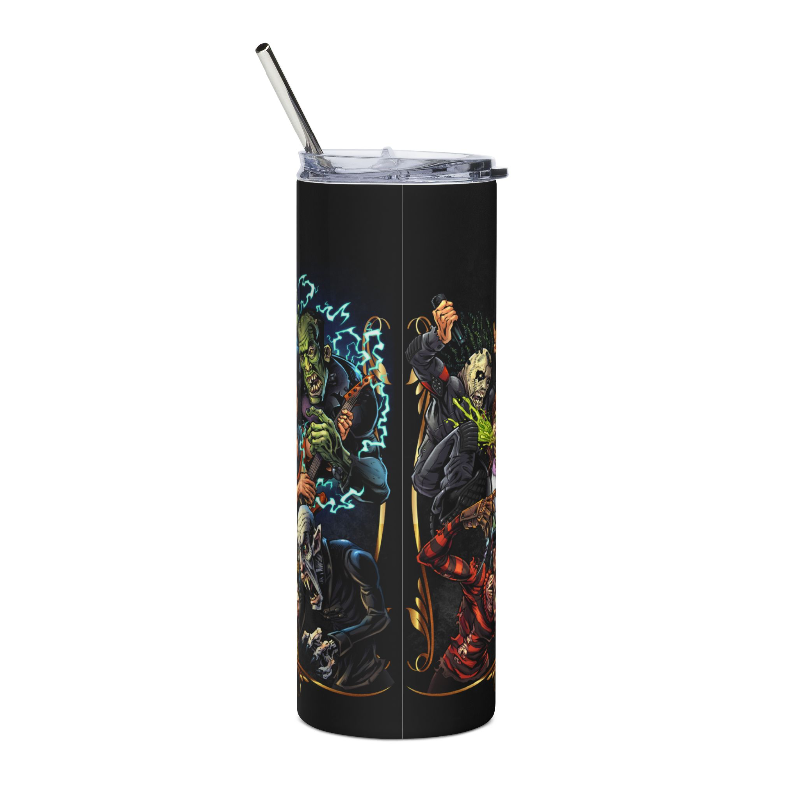 20oz Skinny Tumbler – Horror Metal Slasher Rock Characters Cup with Lid & Straw
