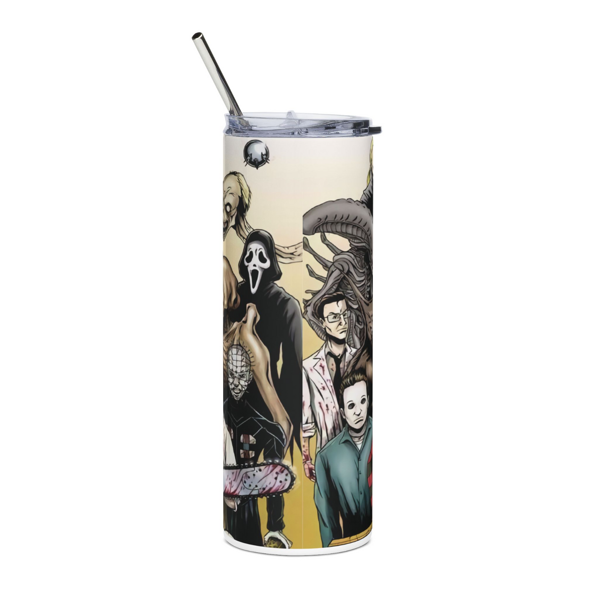 20oz Horror Villains Collage Tumbler – Slasher Movie Stainless Steel Cup & Straw