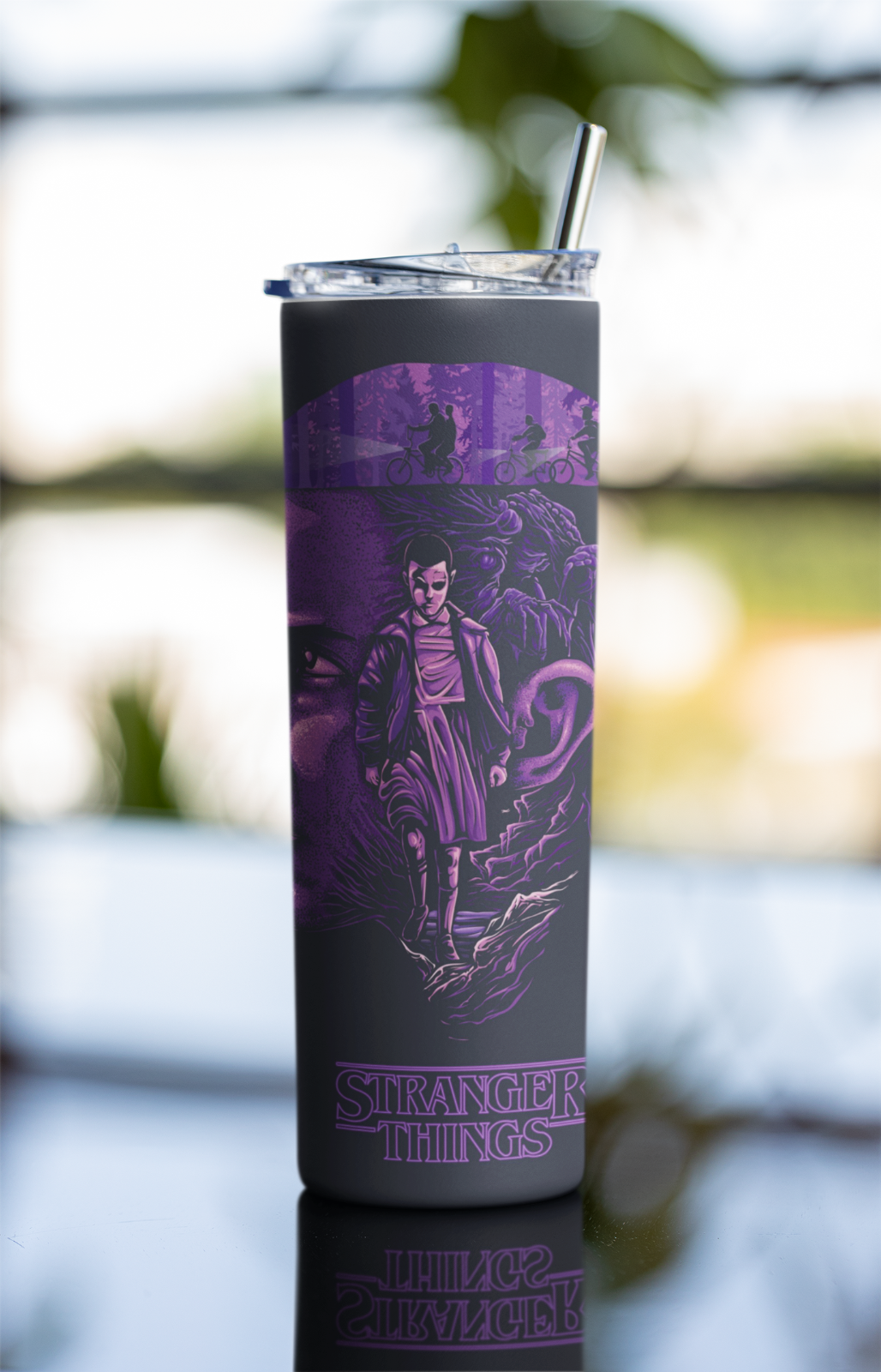 Stranger Things Purple Tumbler with Eleven & Demogorgon Art – 20oz Cup w/ Straw