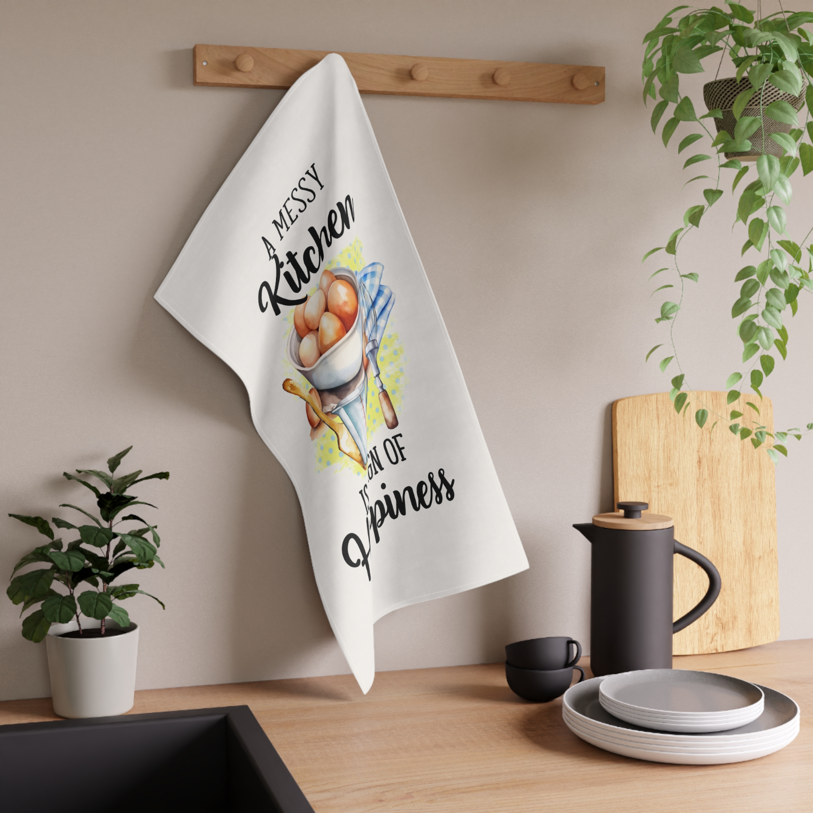 Kitchen Tea Towel A Messy Kitchen Is a Sign of Happiness Funny Baking Dish Towel