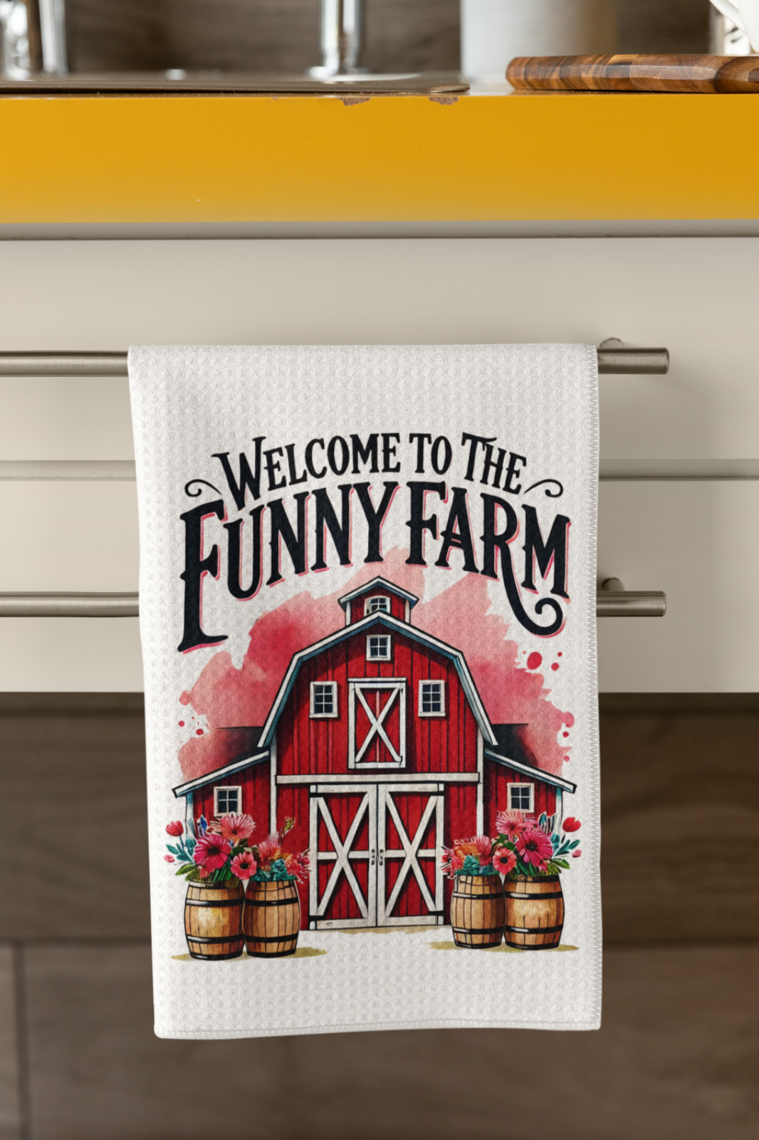 Funny Farm Tea Towel – Red Barn Kitchen Decor Gift, Welcome to the Farm UK