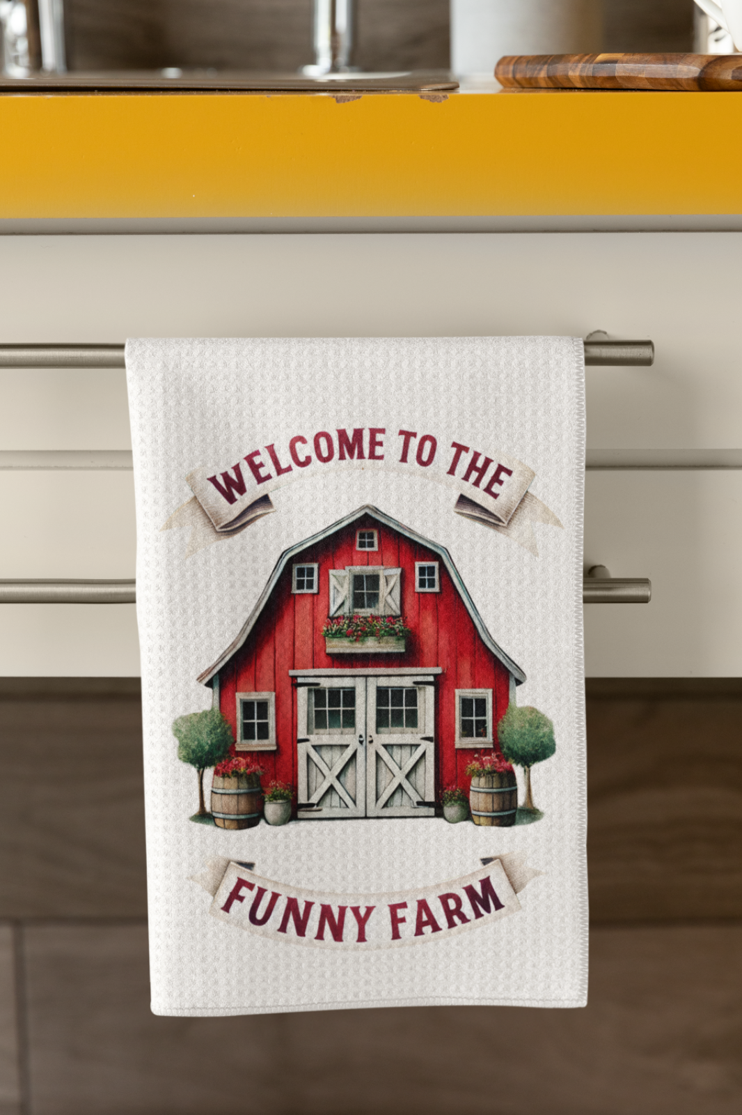 Funny Farm Tea Towel – Red Barn Kitchen Decor Gift, Welcome to the Farm UK
