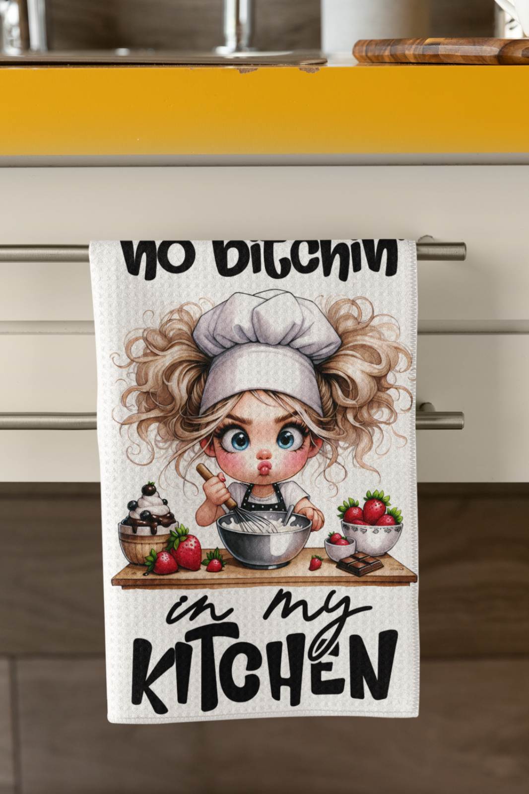 Funny Tea Towel – No Bitchin' in My Kitchen – Chef Girl Dish Towel