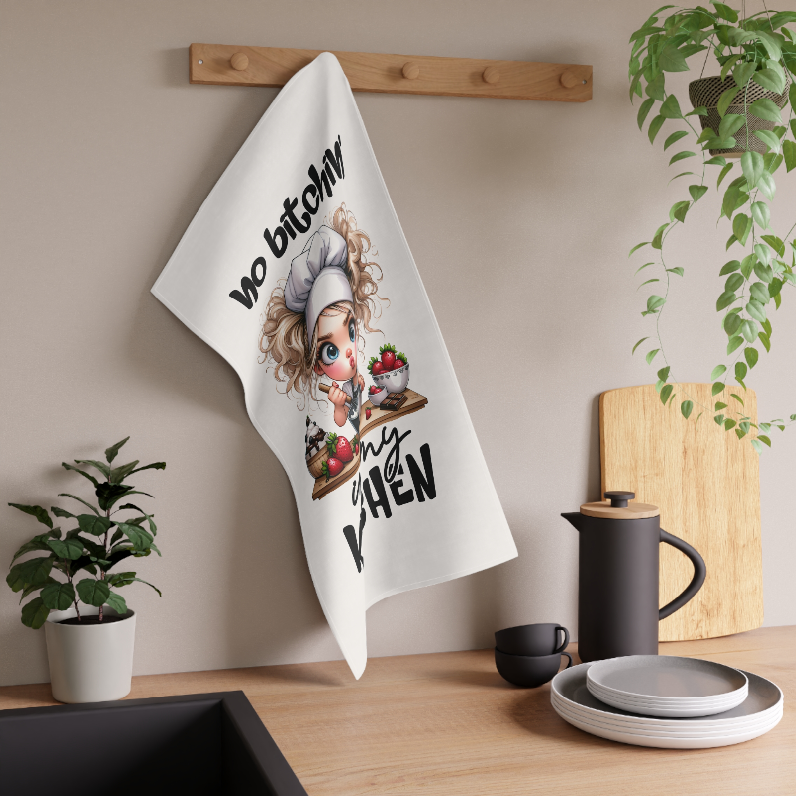 Funny Tea Towel – No Bitchin' in My Kitchen – Chef Girl Dish Towel