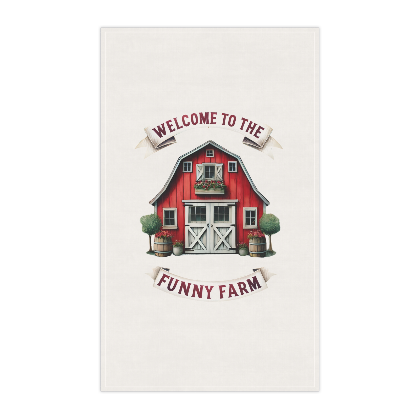 Funny Farm Tea Towel – Red Barn Kitchen Decor Gift, Welcome to the Farm UK