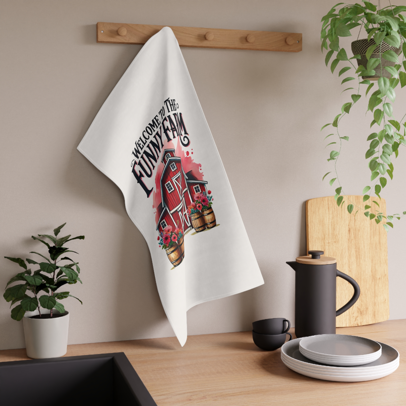 Funny Farm Tea Towel – Red Barn Kitchen Decor Gift, Welcome to the Farm UK