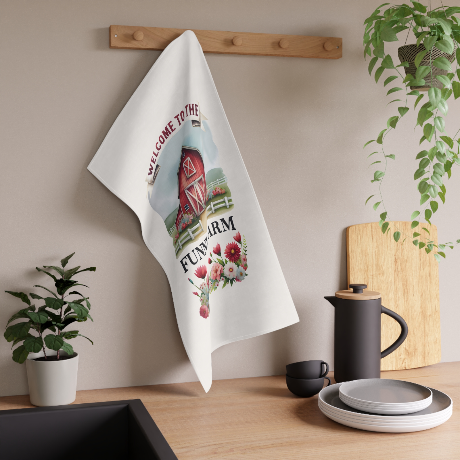 Funny Farm Tea Towel – Red Barn Kitchen Decor Gift, Welcome to the Farm UK