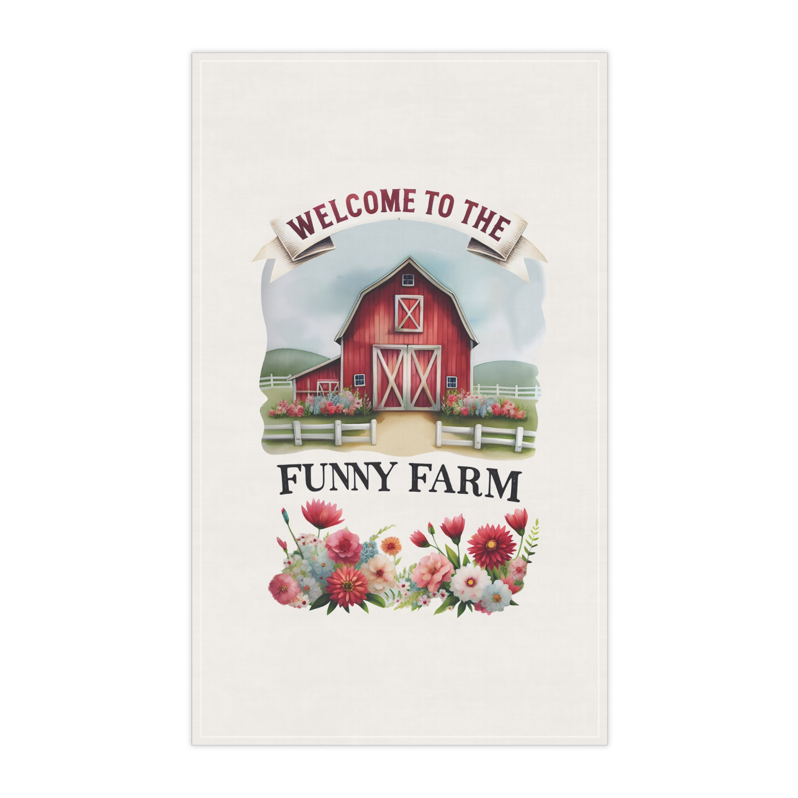 Funny Farm Tea Towel – Red Barn Kitchen Decor Gift, Welcome to the Farm UK