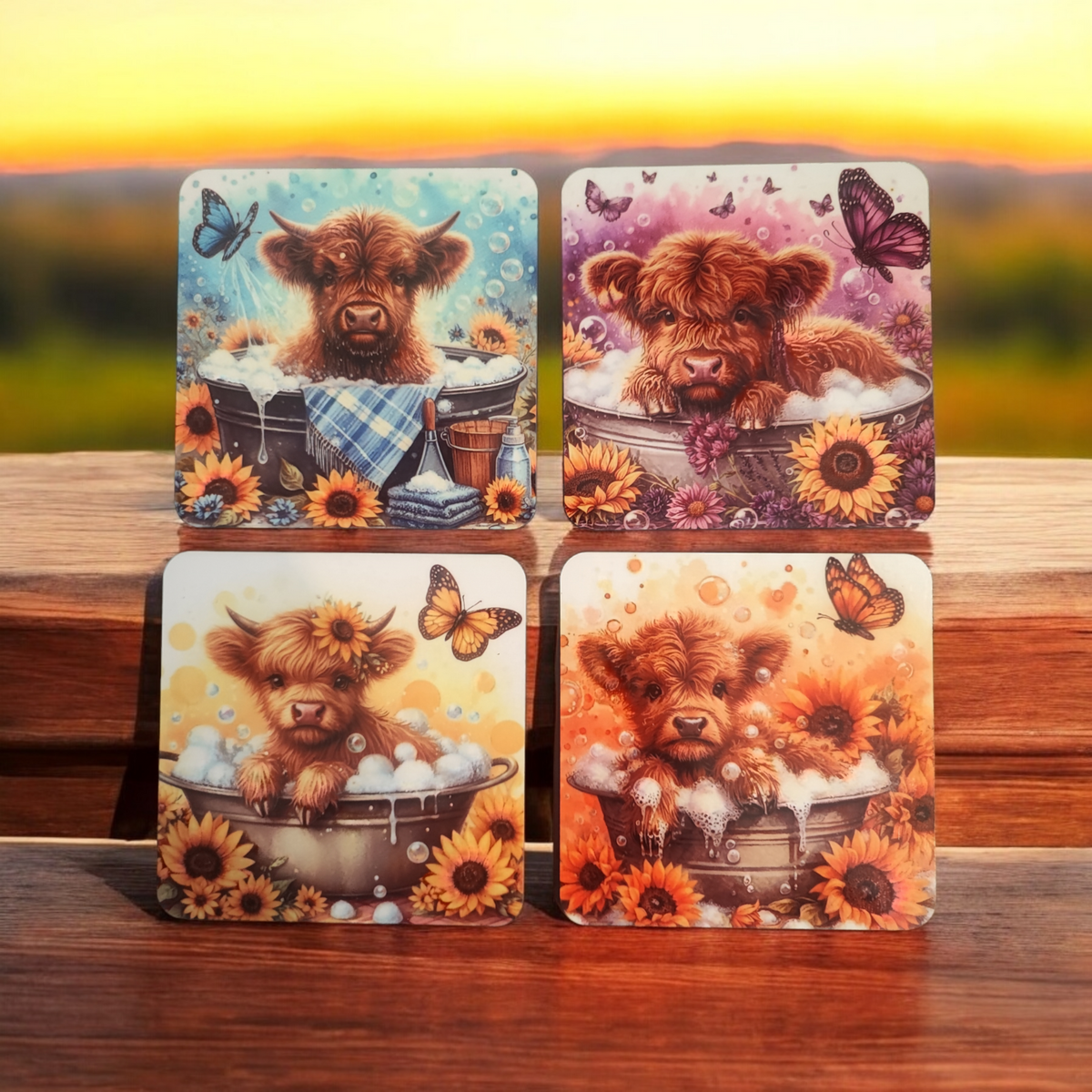 Cute Scottish Highland Cow Coaster Set of four wooden Coasters