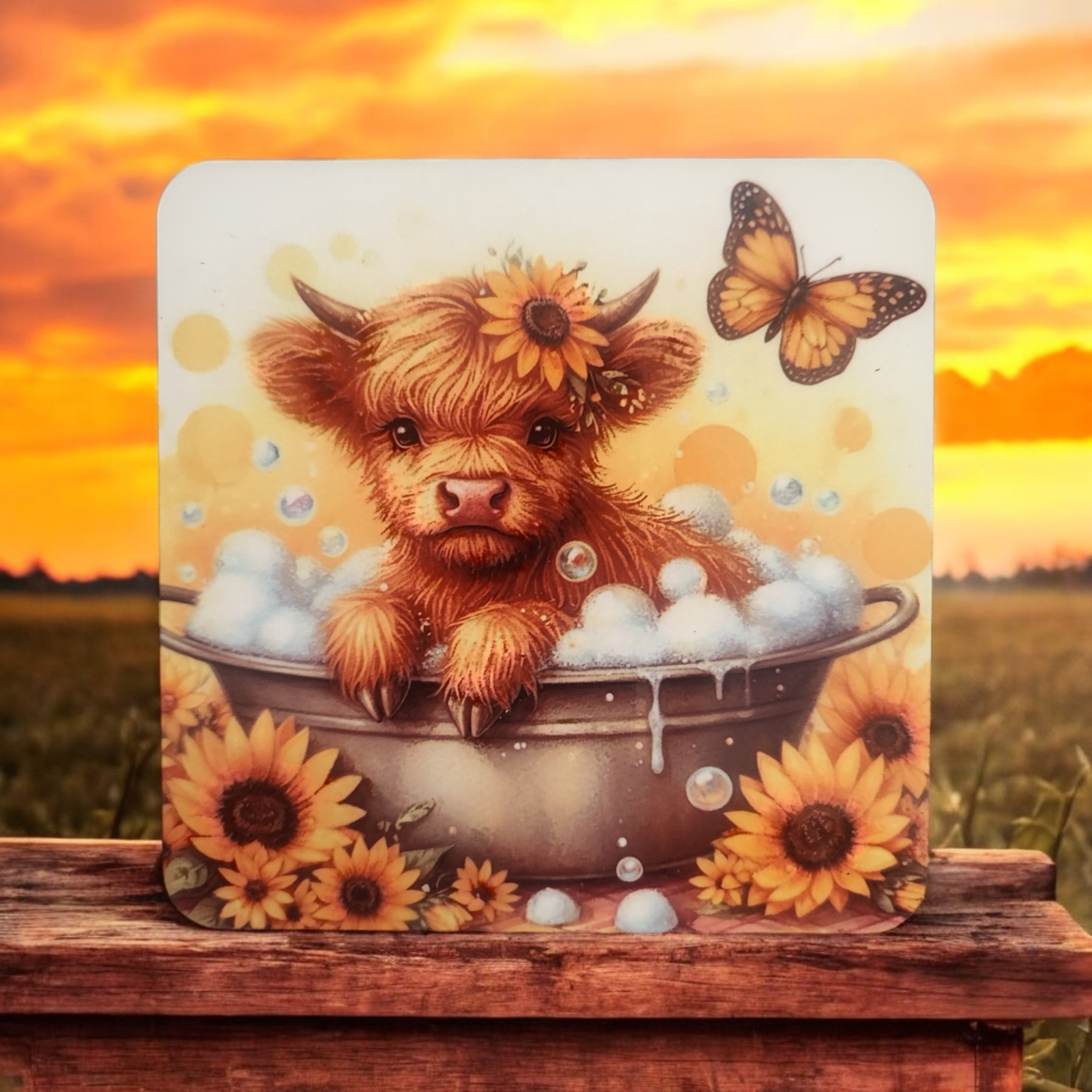 Cute Scottish Highland Cow Coaster Set of four wooden Coasters