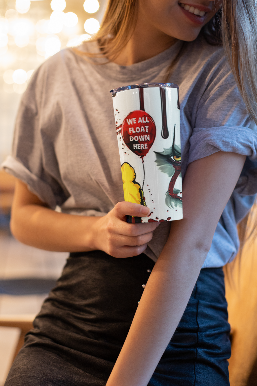 20oz Pennywise IT Horror Tumbler – “We All Float” Blood Splatter Clown Cup Gift
