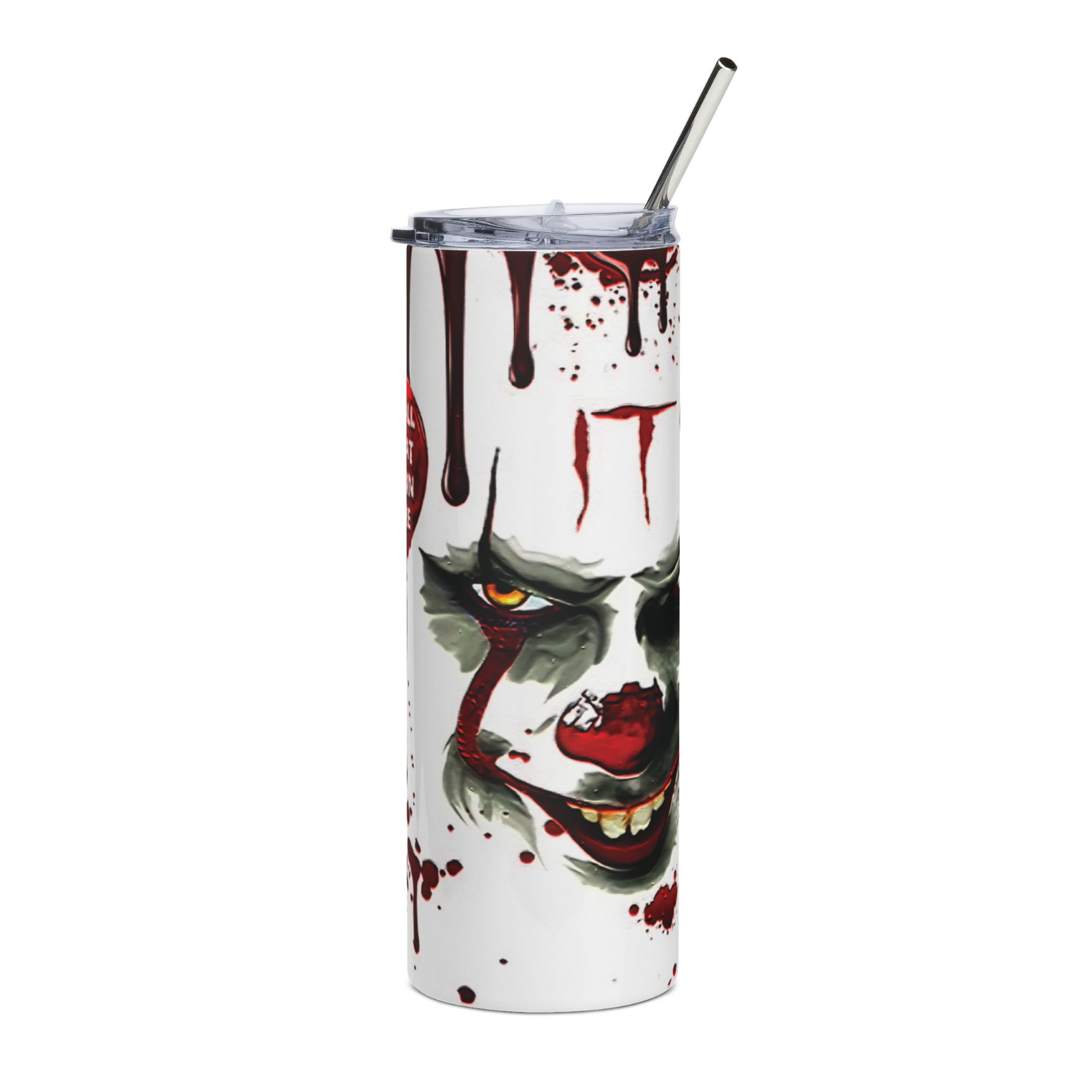 20oz Pennywise IT Horror Tumbler – “We All Float” Blood Splatter Clown Cup Gift