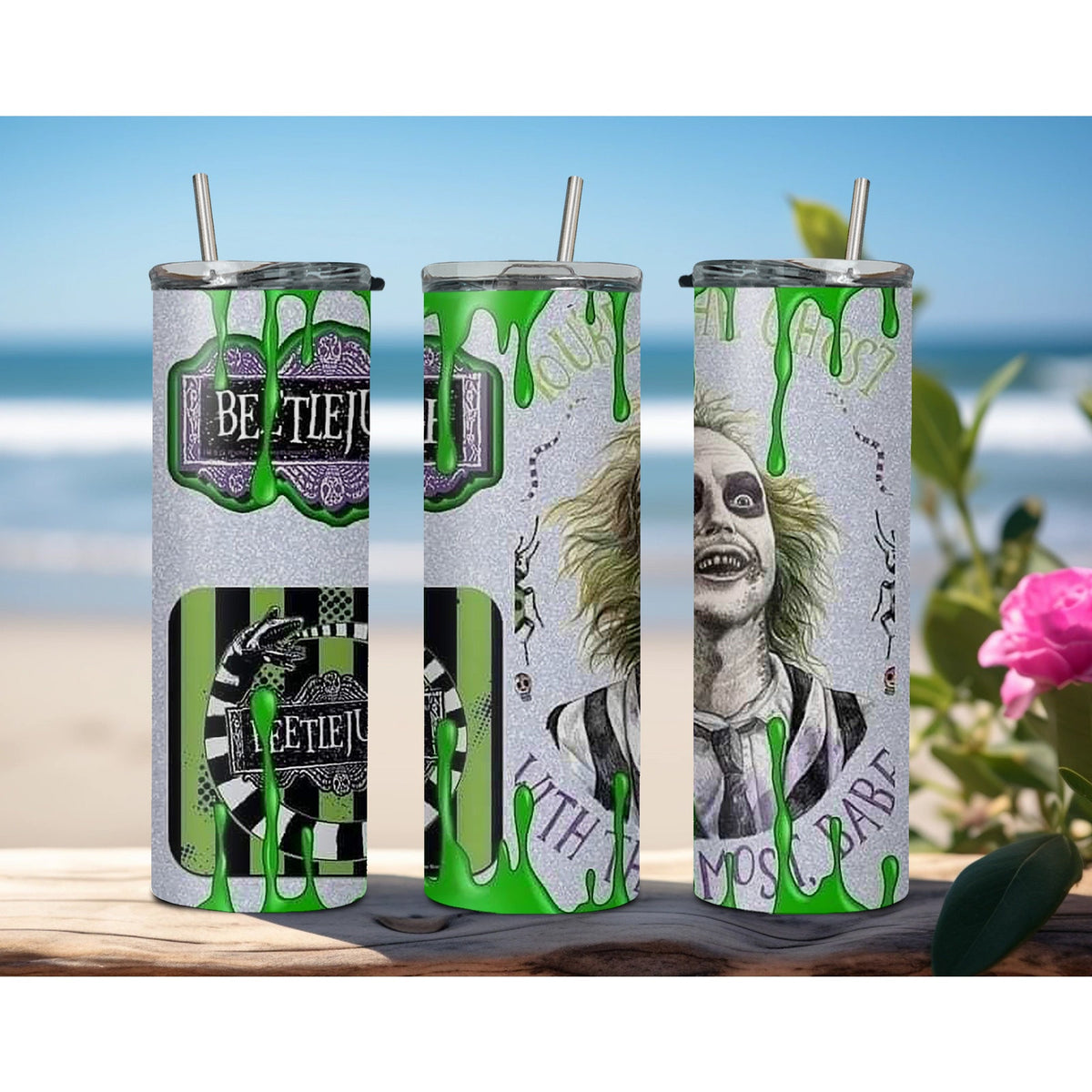Beetlejuice 20oz Tumbler Travel Coffee Skinny  Mug Stainless Steel with Straw