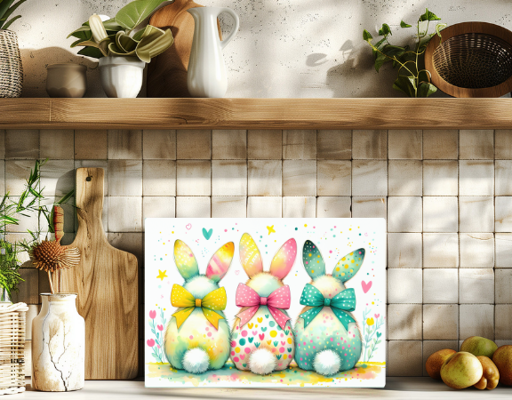 “Three fluffy cartoon bunnies with leopard-print bows in yellow, teal, and pink fur. Sparkling background with hearts and stars.”