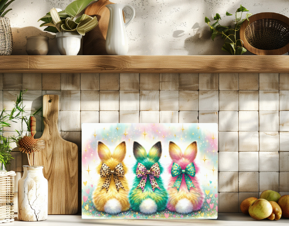“Three pastel-furred bunnies with animal print bows in teal, yellow, and pink. Surrounded by polka-dotted Easter eggs, hearts, and stars.”