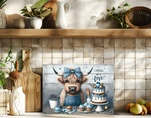 Decorative sign with a cartoon cow and cake on a kitchen shelf.