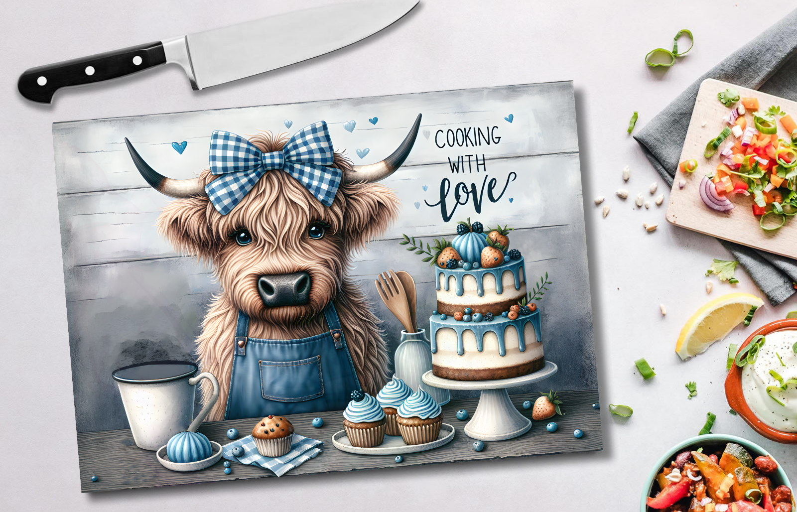 Chopping board with a cow illustration and text 'Cooking with Love' on a table with food.