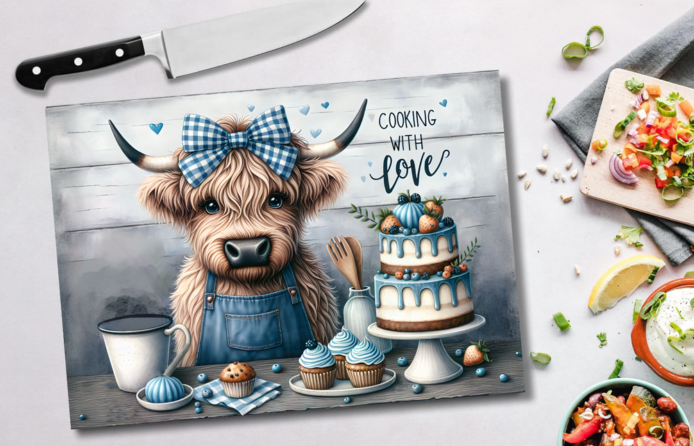 Chopping board with a cow illustration and text 'Cooking with Love' on a table with food.