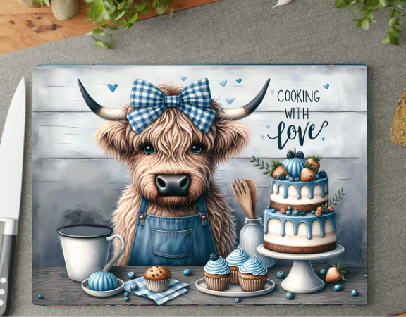 Placemat with a cow character wearing an apron and bow, surrounded by baking items on a wooden surface.