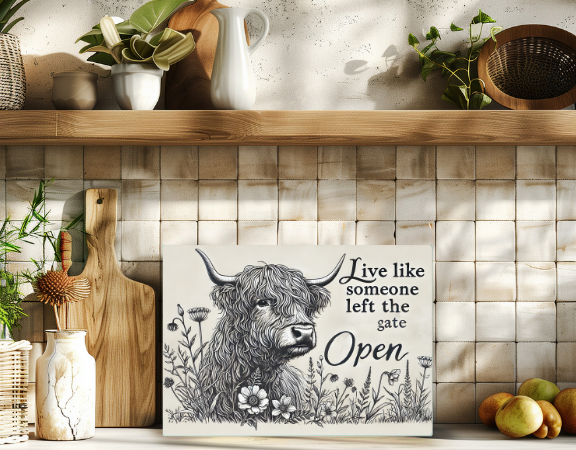 Decorative sign with a cow illustration and text on a kitchen shelf with plants and fruits.