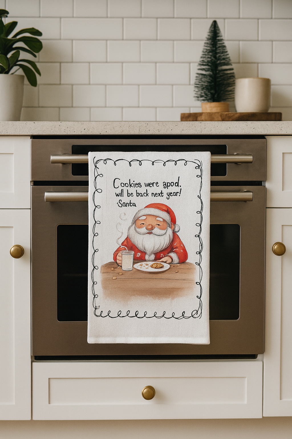 Santa’s Cookie Break Kitchen Towel – Funny Christmas Oven Decor