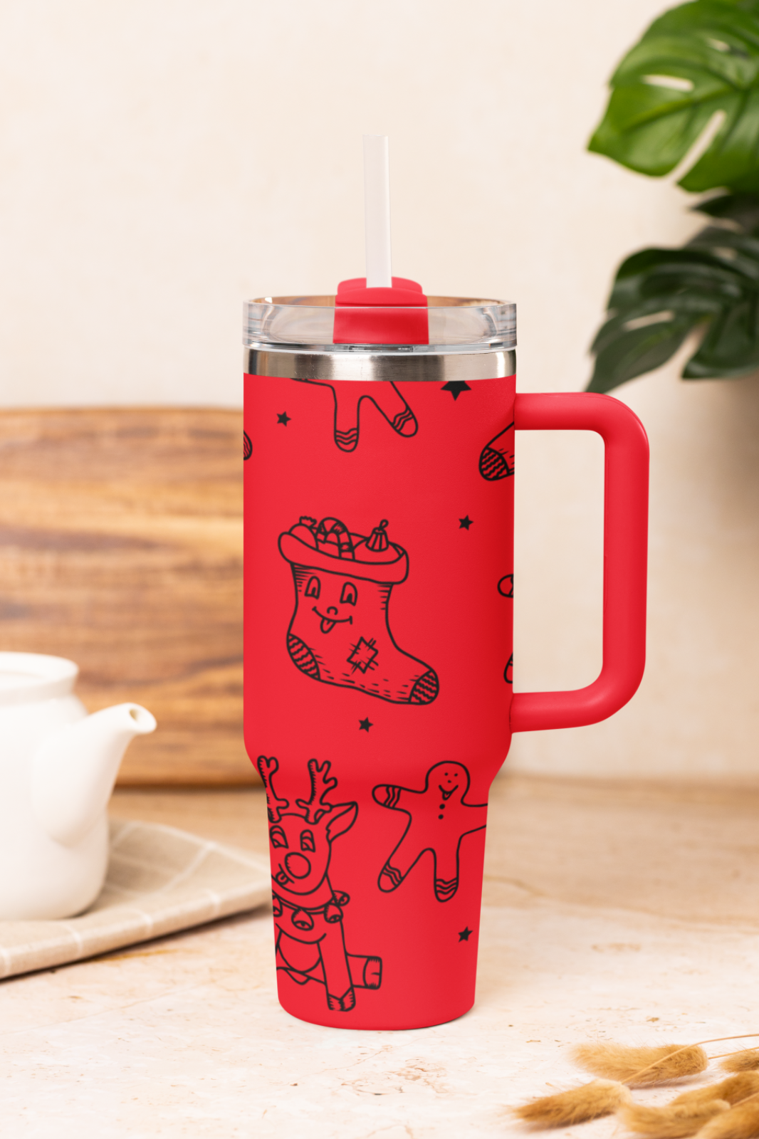 🦌 40oz Stanley Style Engraved Christmas Tumbler – Reindeer Mug with Straw 🎄
