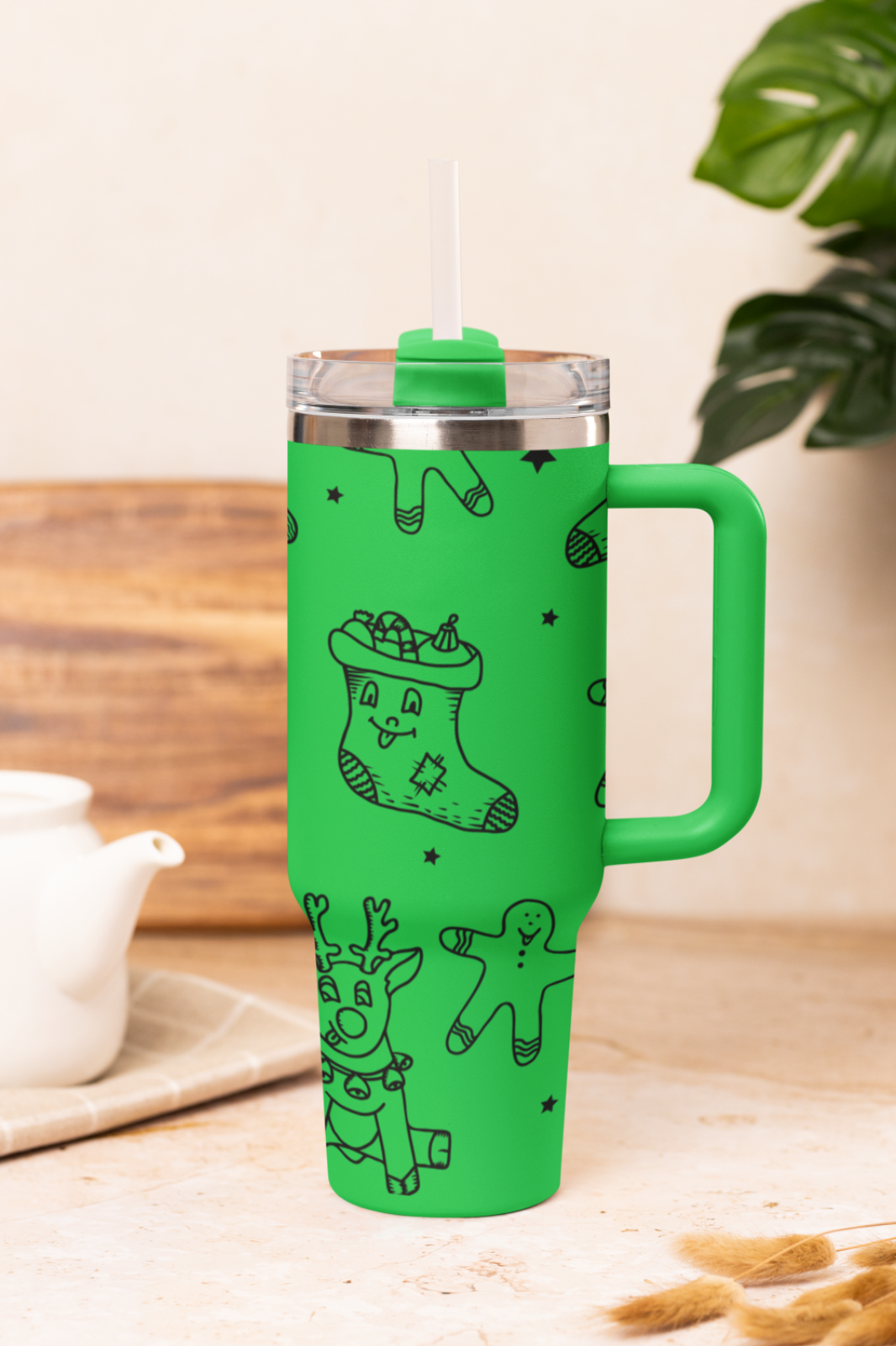 🦌 40oz Stanley Style Engraved Christmas Tumbler – Reindeer Mug with Straw 🎄