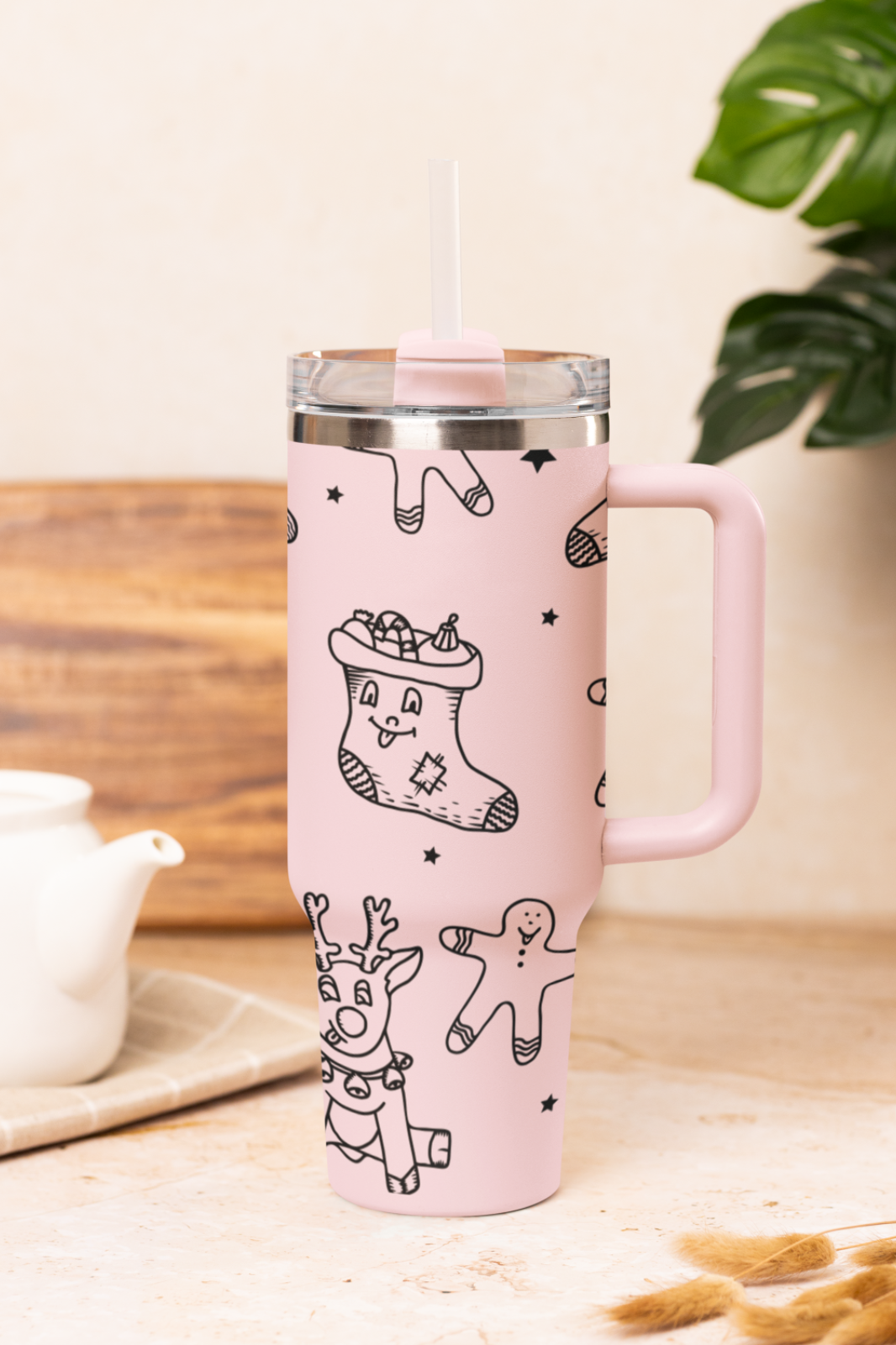 🦌 40oz Stanley Style Engraved Christmas Tumbler – Reindeer Mug with Straw 🎄