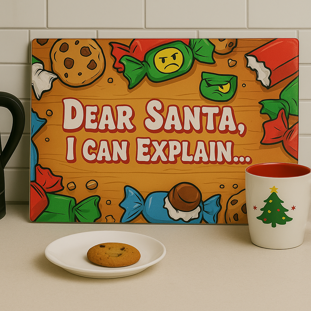 Decorative sign with 'Dear Santa, I can explain' text, cookies, and candy on a wooden background.