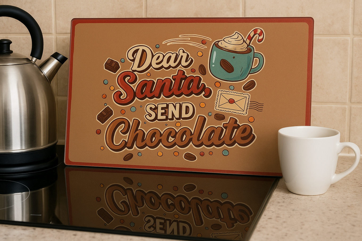 Chocolate bar with 'Dear Santa, Send Chocolate' text on a kitchen counter with a kettle and mug.