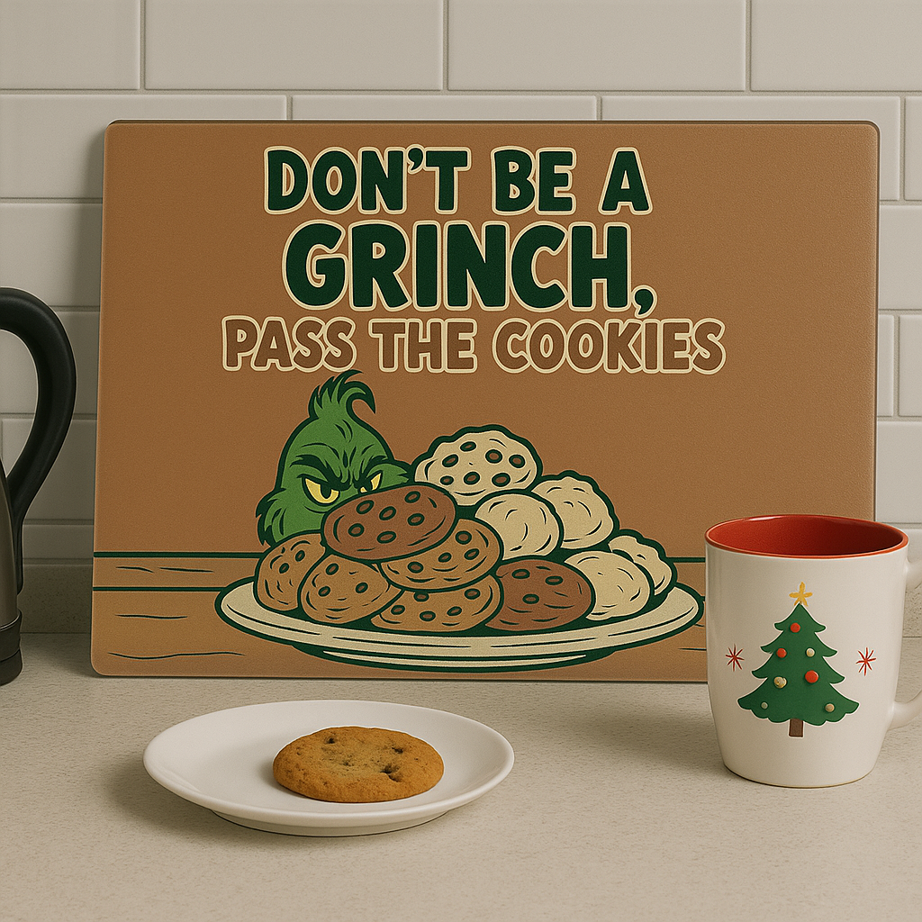 Decorative sign with a Grinch illustration and cookie plate, accompanied by a mug and cookies on a table.