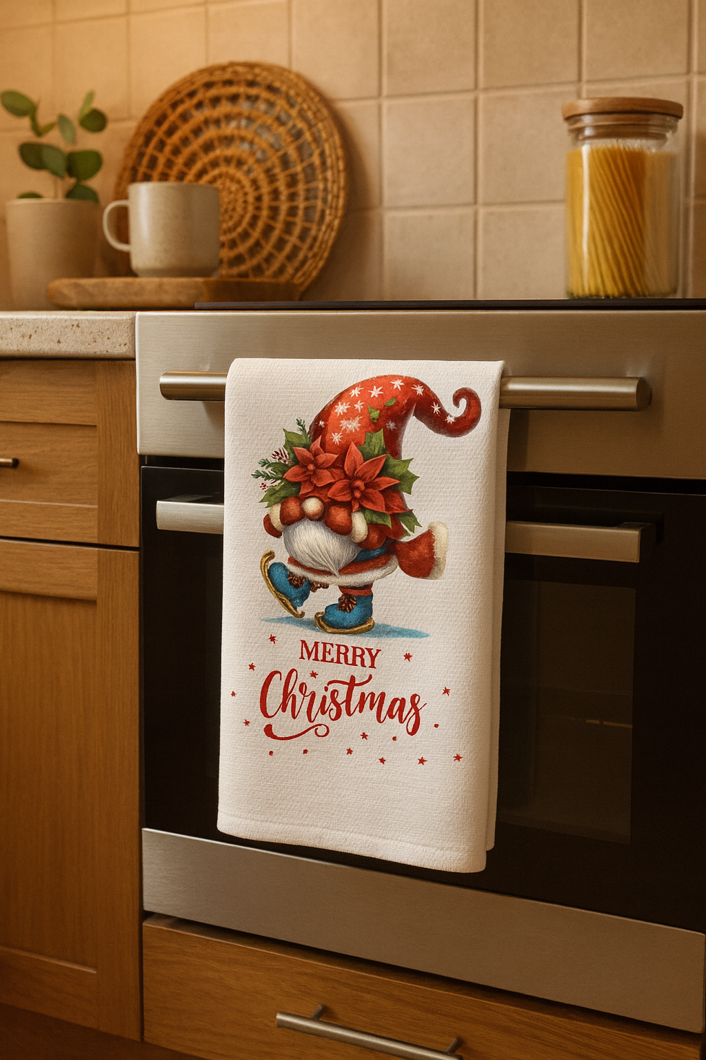 Skating Gnome Christmas Towel – Whimsical Holiday Kitchen Decor