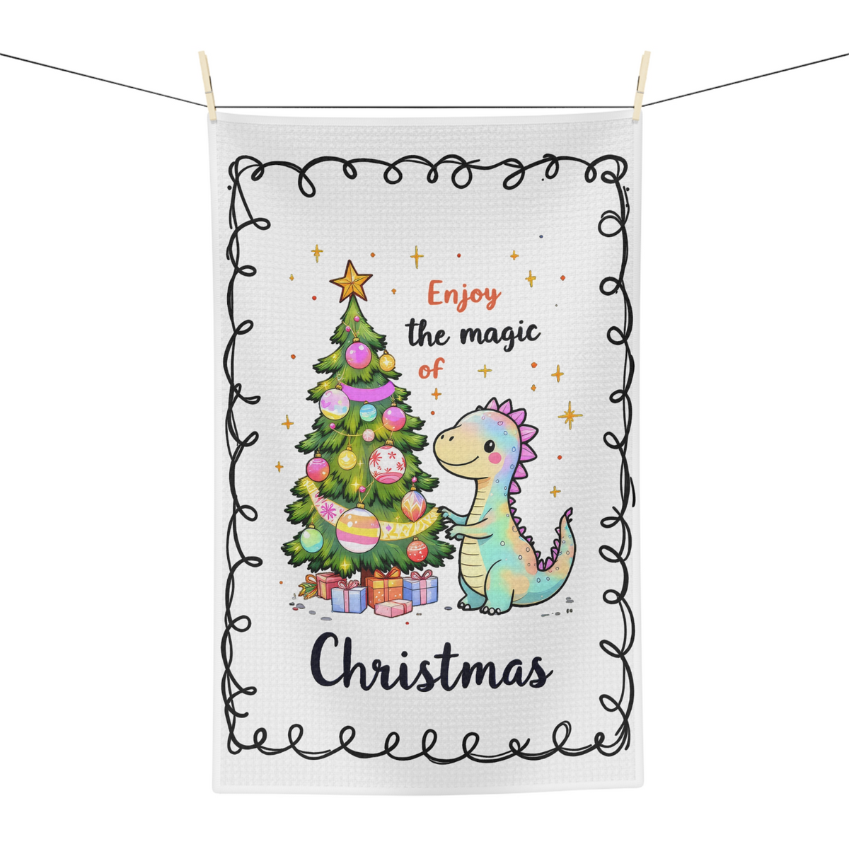 Dinosaur Christmas Towel – “Enjoy the Magic of Christmas” Holiday Kitchen Decor