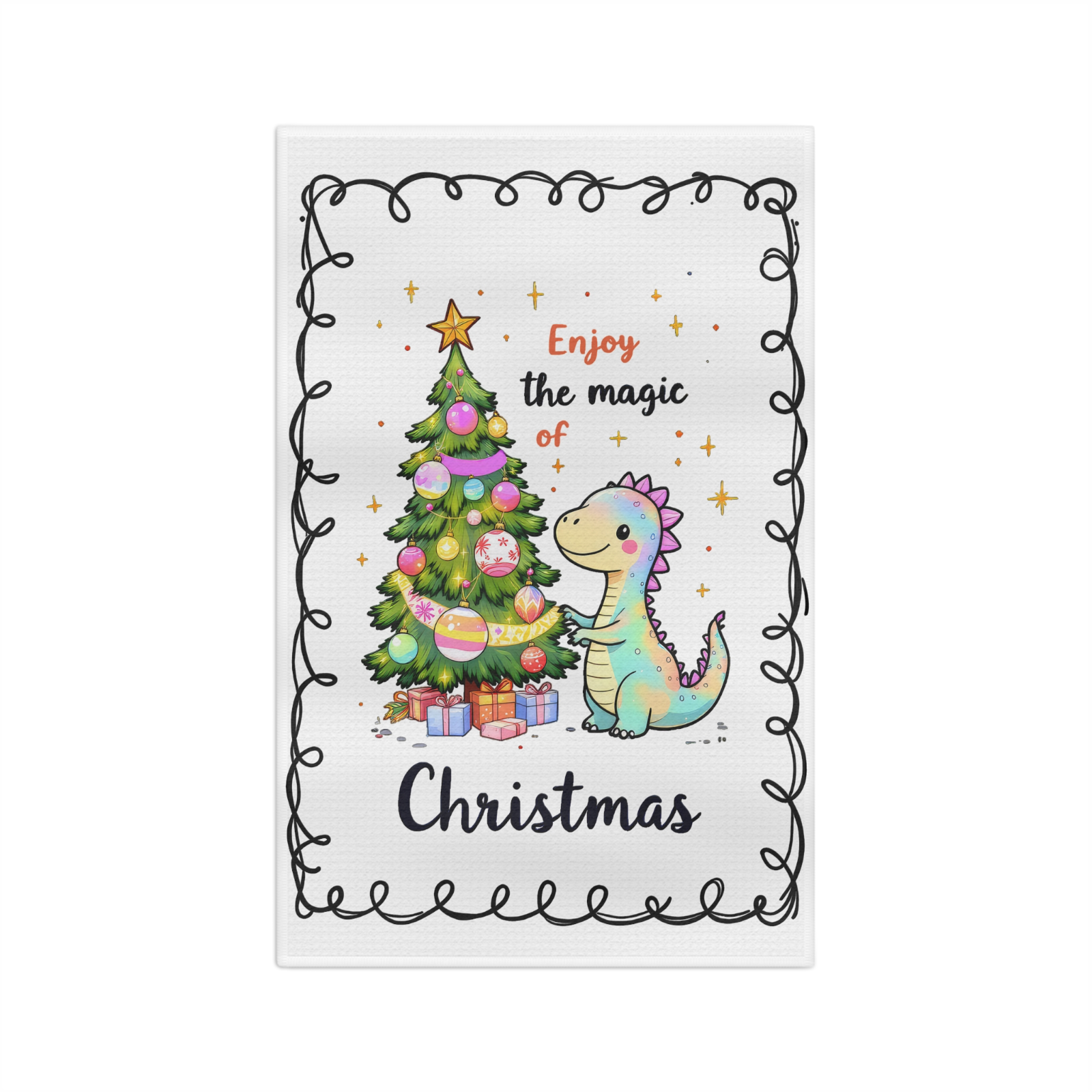 Dinosaur Christmas Towel – “Enjoy the Magic of Christmas” Holiday Kitchen Decor