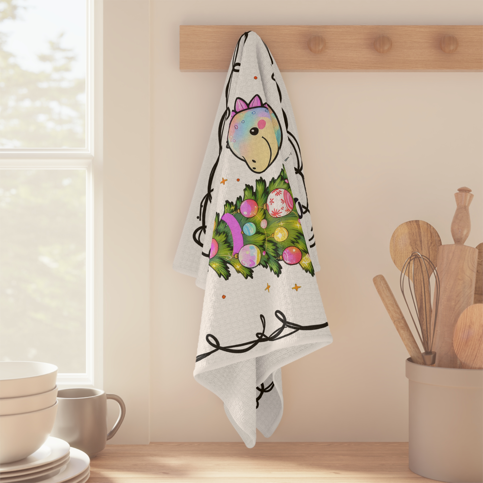 Dinosaur Christmas Towel – “Enjoy the Magic of Christmas” Holiday Kitchen Decor